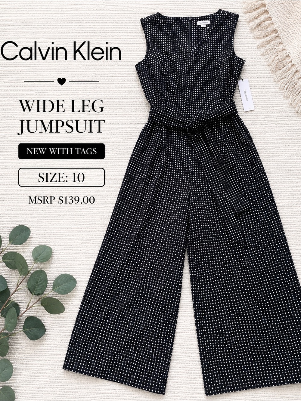 Calvin Klein Wide Leg Belted Jumpsuit NWT Size 10 Black White Print
